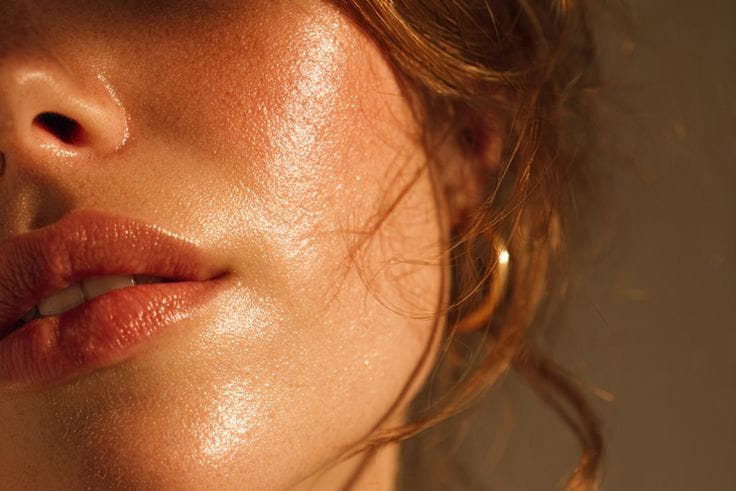 Close-up of a woman's face with a warm, sun-kissed glow.