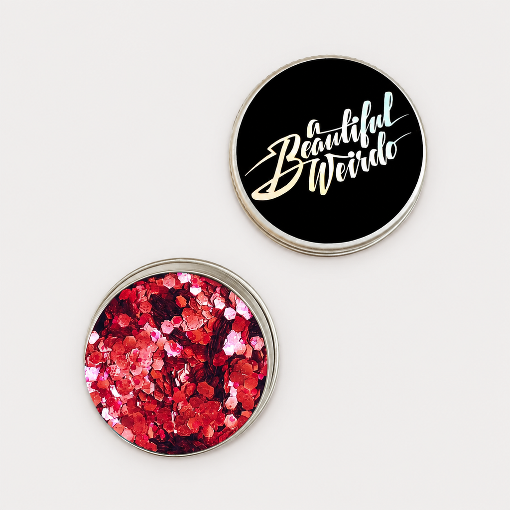 A Beautiful Weirdo Disco Doll Pink Eco Glitter — tin and lid on pale grey