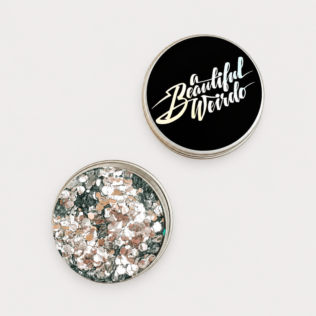 A Beautiful Weirdo Straight Up Silver Eco Glitter — tin and lid on pale grey