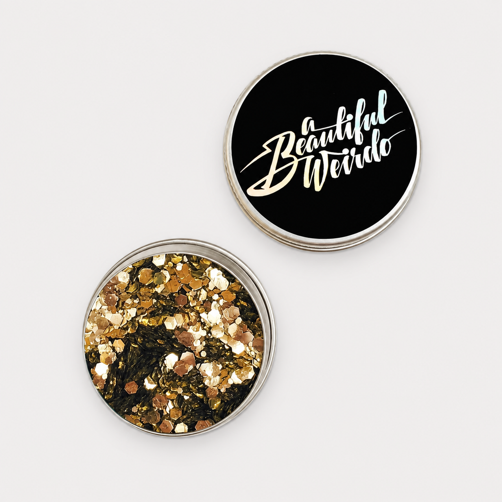 A Beautiful Weirdo Boogie Nights Gold Eco Glitter — tin and lid on pale grey