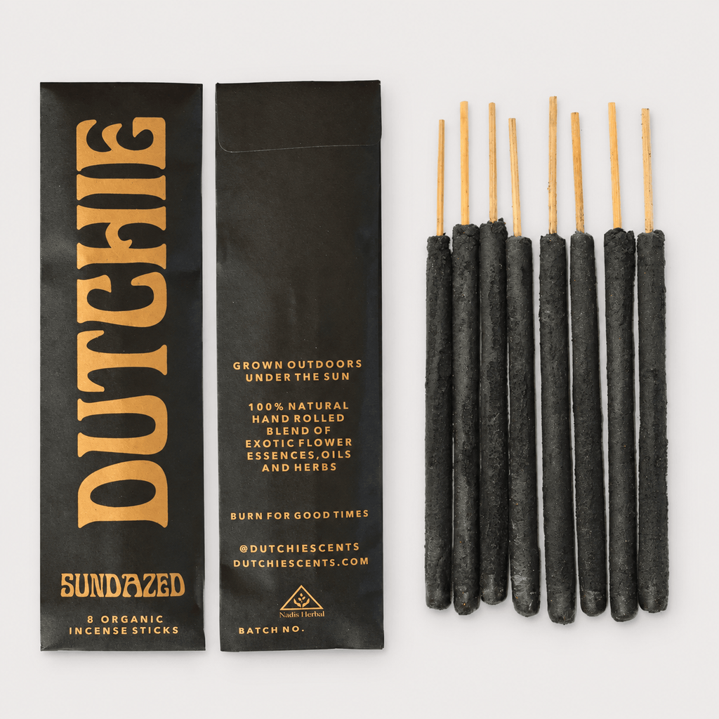 Dutchie Sundazed Incense Sticks — packaging and eight incense sticks on pale grey