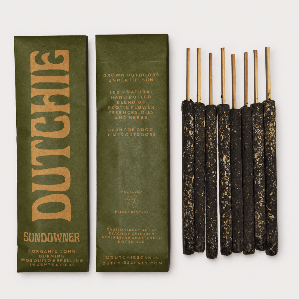 Dutchie Sundowner Incense Sticks — packaging and eight incense sticks on pale grey