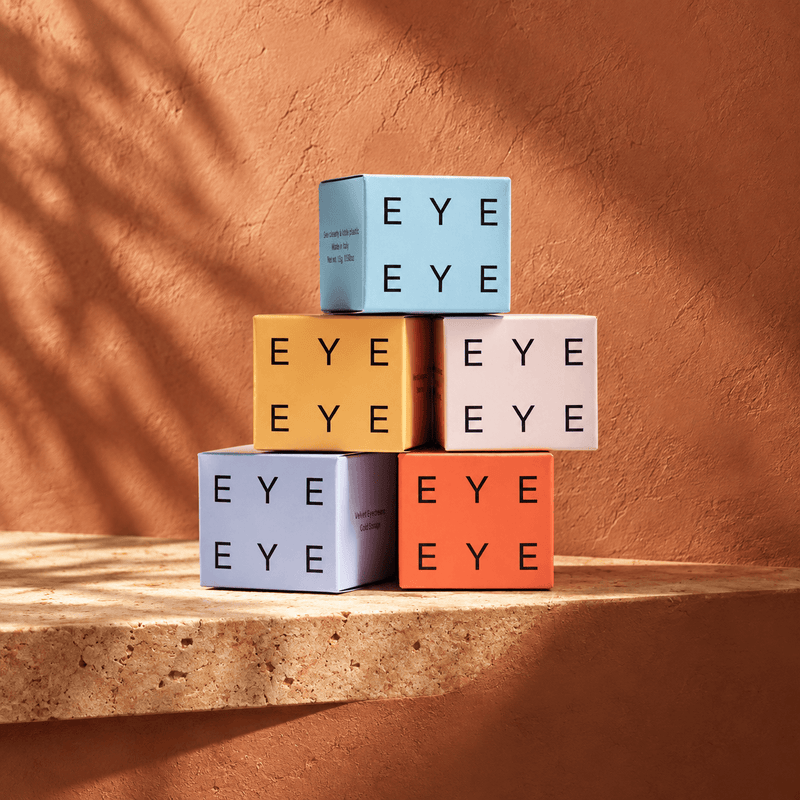 Flavedo & Albedo eye range packaging on terracotta background