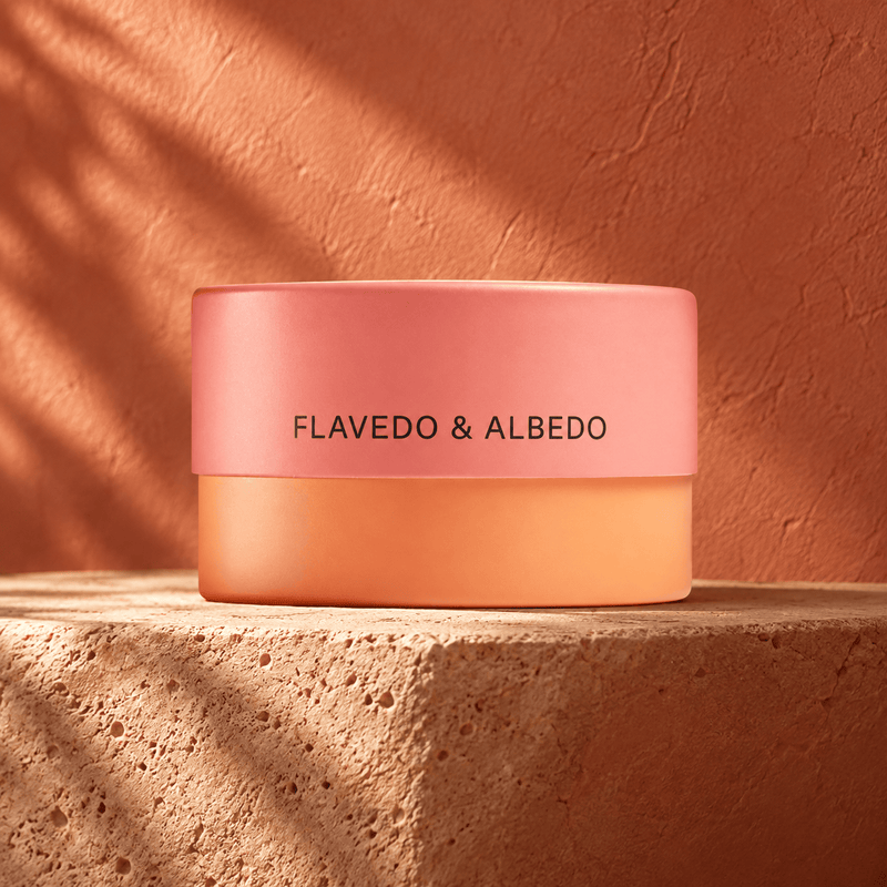 Flavedo & Albedo rounds range packaging on terracotta background