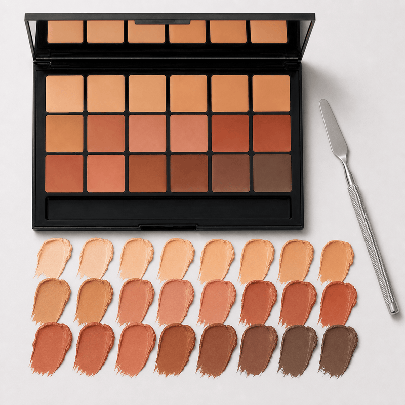 RCMA VK10 18 pan foundation palette shade swatches