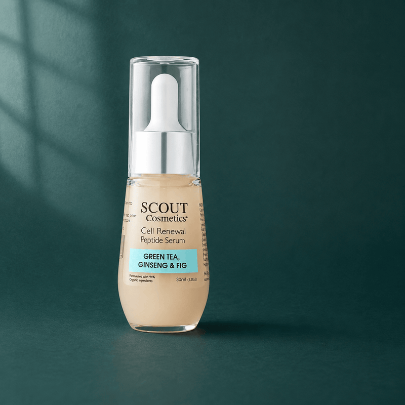 Scout Cosmetics Cell Renewal Peptide Serum on a coloured studio background