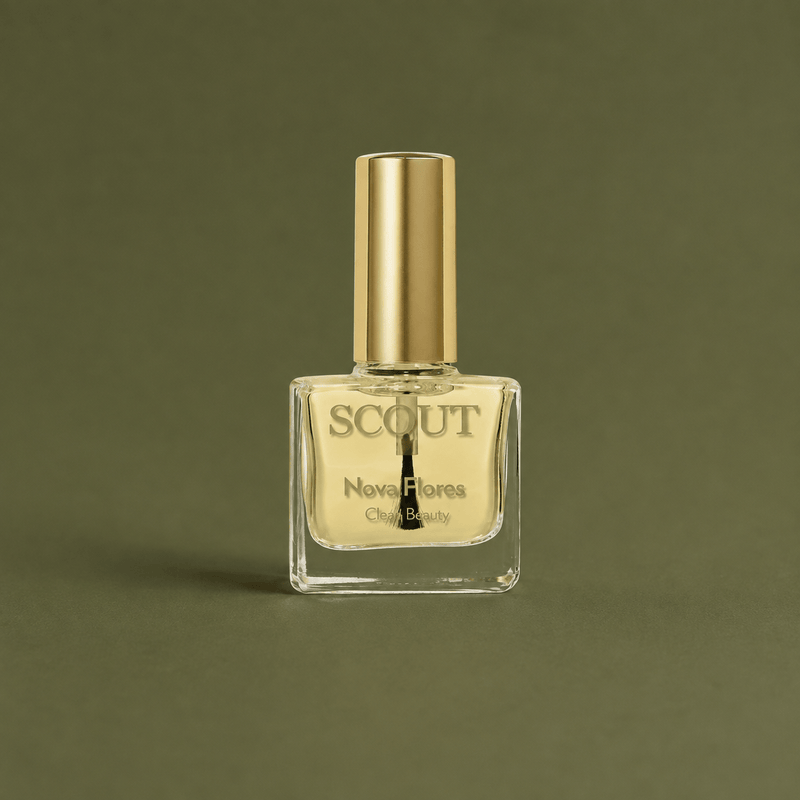 Scout Cosmetics Cuticle Rescue Oil with Camellia on a coloured studio background