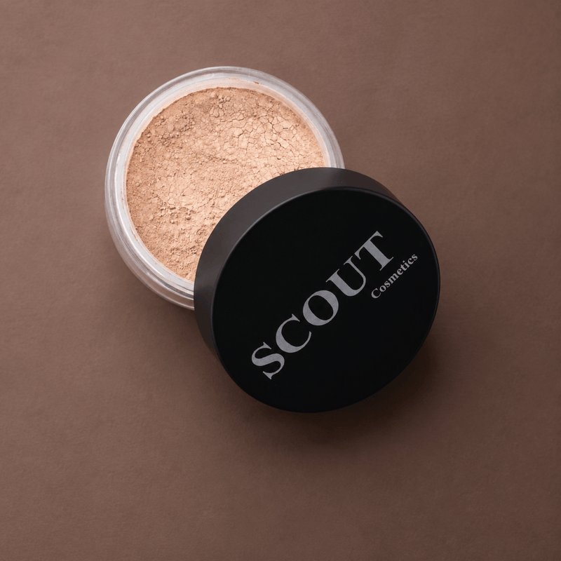 Scout Cosmetics Mineral Powder Foundation on a coloured studio background