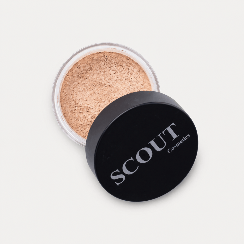 Scout Cosmetics Mineral Powder Foundation, centred on pale grey