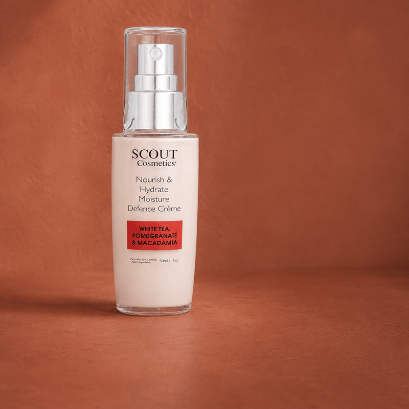 Scout Cosmetics Nourish & Hydrate Moisture Defence Crème on a coloured studio background