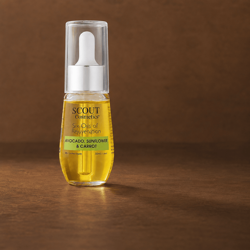 Scout Cosmetics Six Oils of Rejuvenation on a coloured studio background