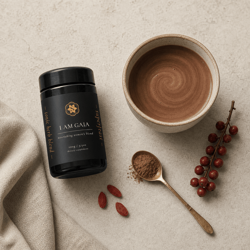 SuperFeast I Am Gaia blended into a warming cacao tonic
