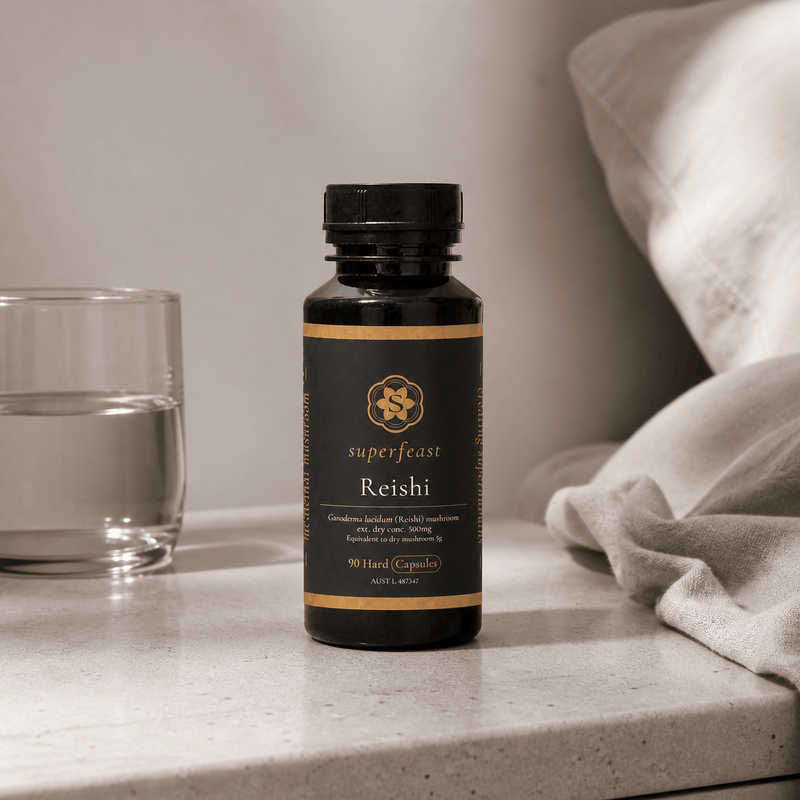 SuperFeast reishi caps left lifestyle image